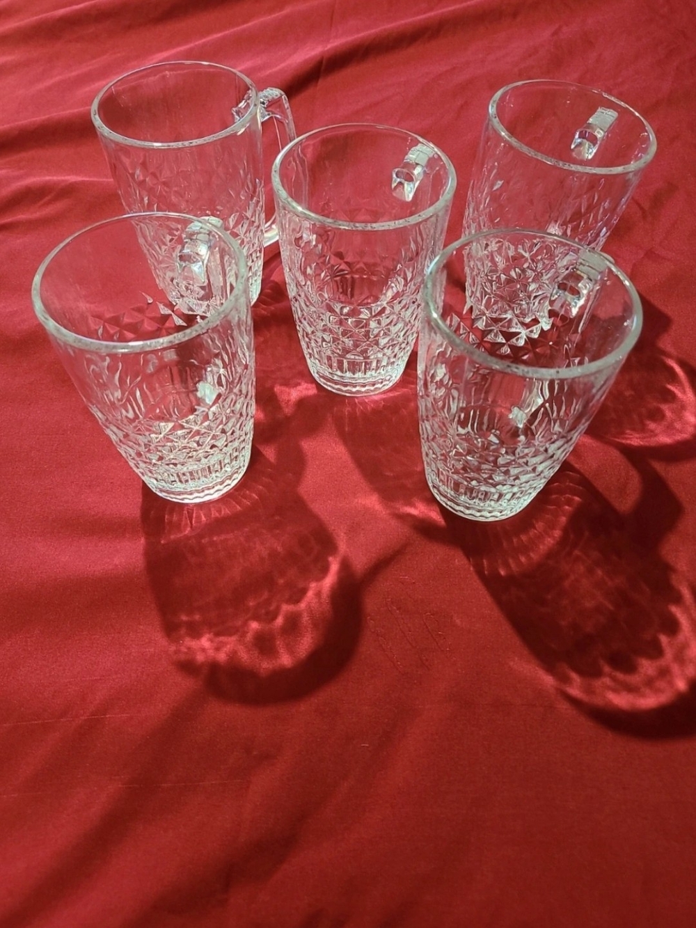 Pressed Clear Glass Mugs with Textured Diamond Design - Set of 5